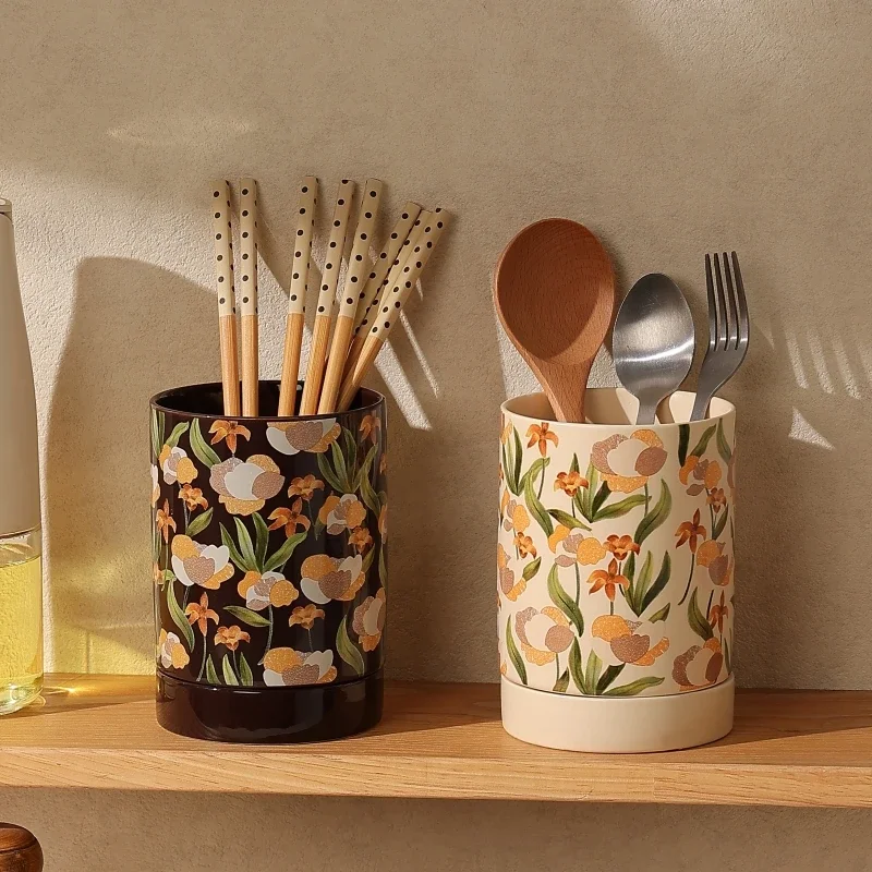 Porcelain Kitchen Utensil Holder for Countertop,Ceramic Storage Organizer for Knives Spoons and Forks,Cooking Tools Container
