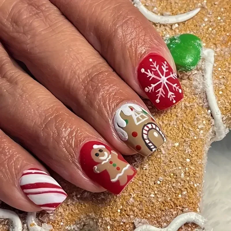 24Pcs Christmas Gingerbread Man Press-On Nails Set Red&White Cartoon Candy Cane Snowfalke Designs Holiday Fake Nail for Women