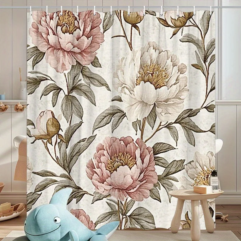 

Pink & White Peony Floral Shower Curtain – Vintage Botanical Print, 2D Flat, Polyester, 70"x70"Inches