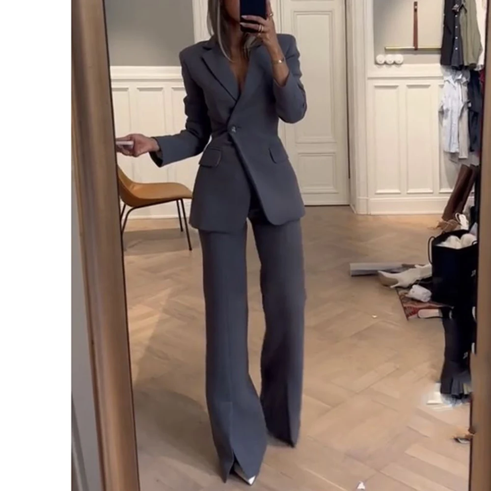 

Fashion 2 Pieces Suit Set for Women One Button Notch Lapel Jacket Pants Sets Slim Fit Office Business Banquet Female Clothing