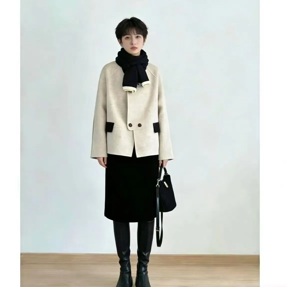 

Ele ort Woolen Coat Women's Autumn Winter Faion Casual Doll Collar Outerwear Versatile Quali Polyester Fiber