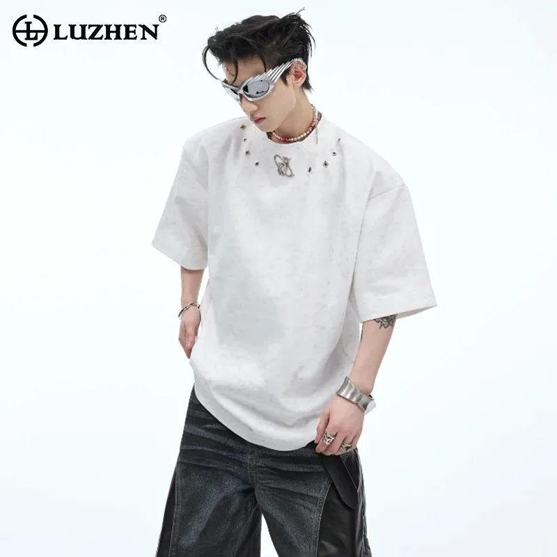 

LUZHEN Summer Fashion Rivet Metal Decorate Short Sleeve T Shirts Men's 2024 New Trendy Shoulder Pad Design Street Tops LZ3971