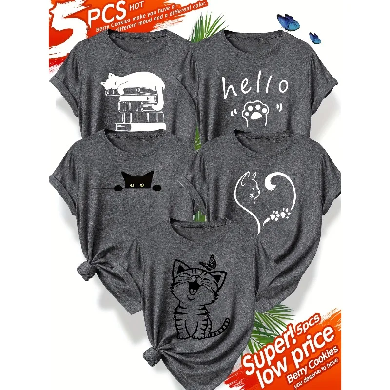 

5-piece Women's T-shirt Cute Cartoon Cat Heart 3D Printed Fashionable Retro Casual Sports Top Round Neck Short Sleeved Shirt