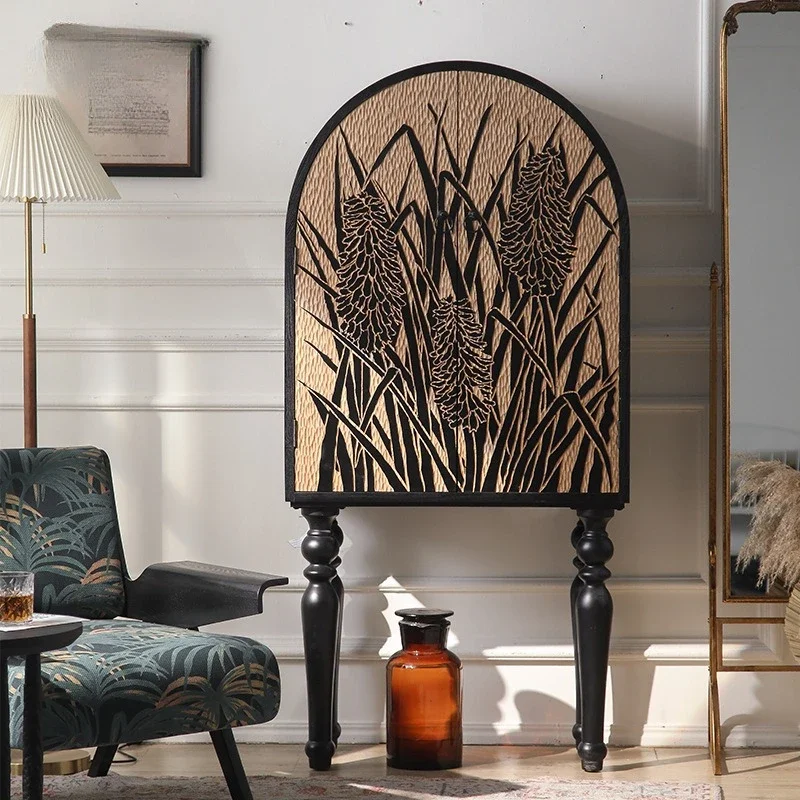 Medieval creative side cabinet solid wood carving flower tall decorative cabinet exhibition hall decoration dining side cabinet