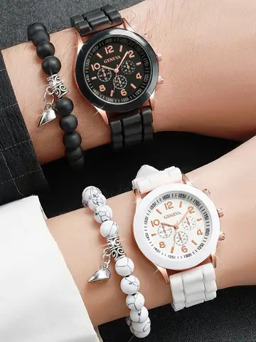 4PCS/Set Fashion Couples Watches Silicone Band Analog Quartz Watch Magnetic Heart Bracelets