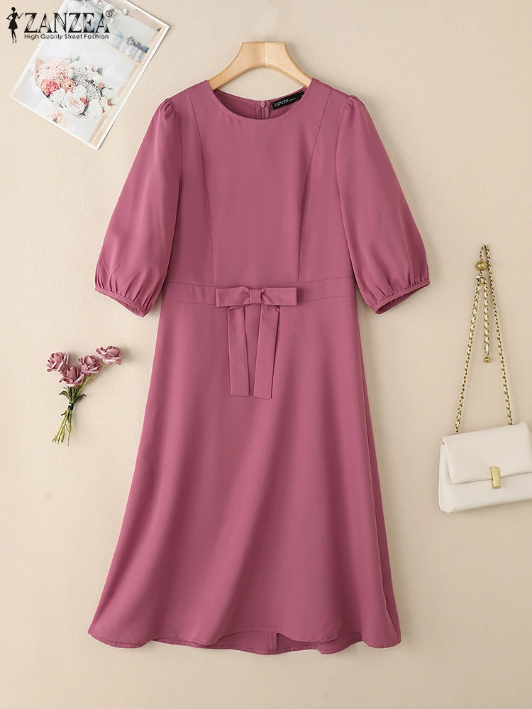 ZANZEA élégant manches courtes bouffantes robes mi-longues femmes élégant robe de soirée été décontracté solide OL travail robe d'été une ligne robe 2025