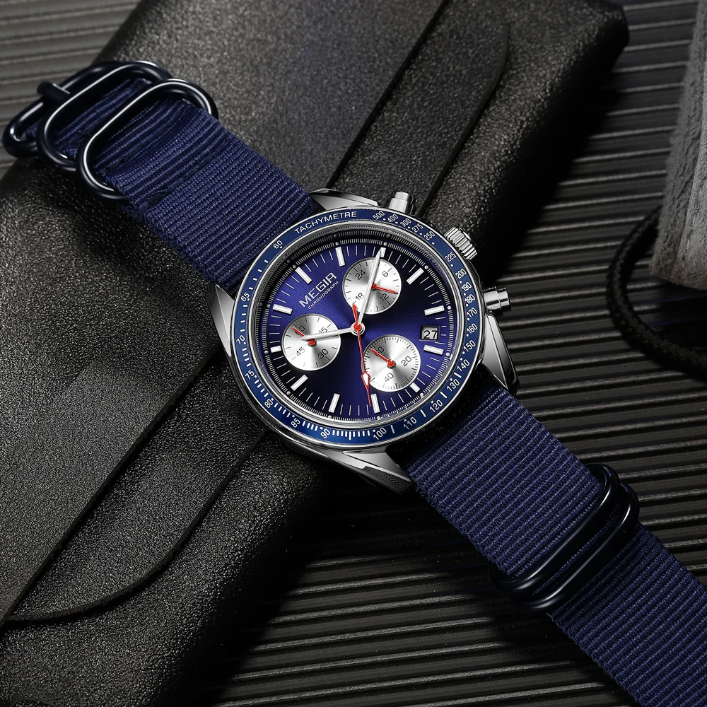 MEGIR Quartz Chronograph Watches Men Waterproof Sport Wristwatch Men's with Fashion Nylon Strap Luminous Pointers Date Male Gift