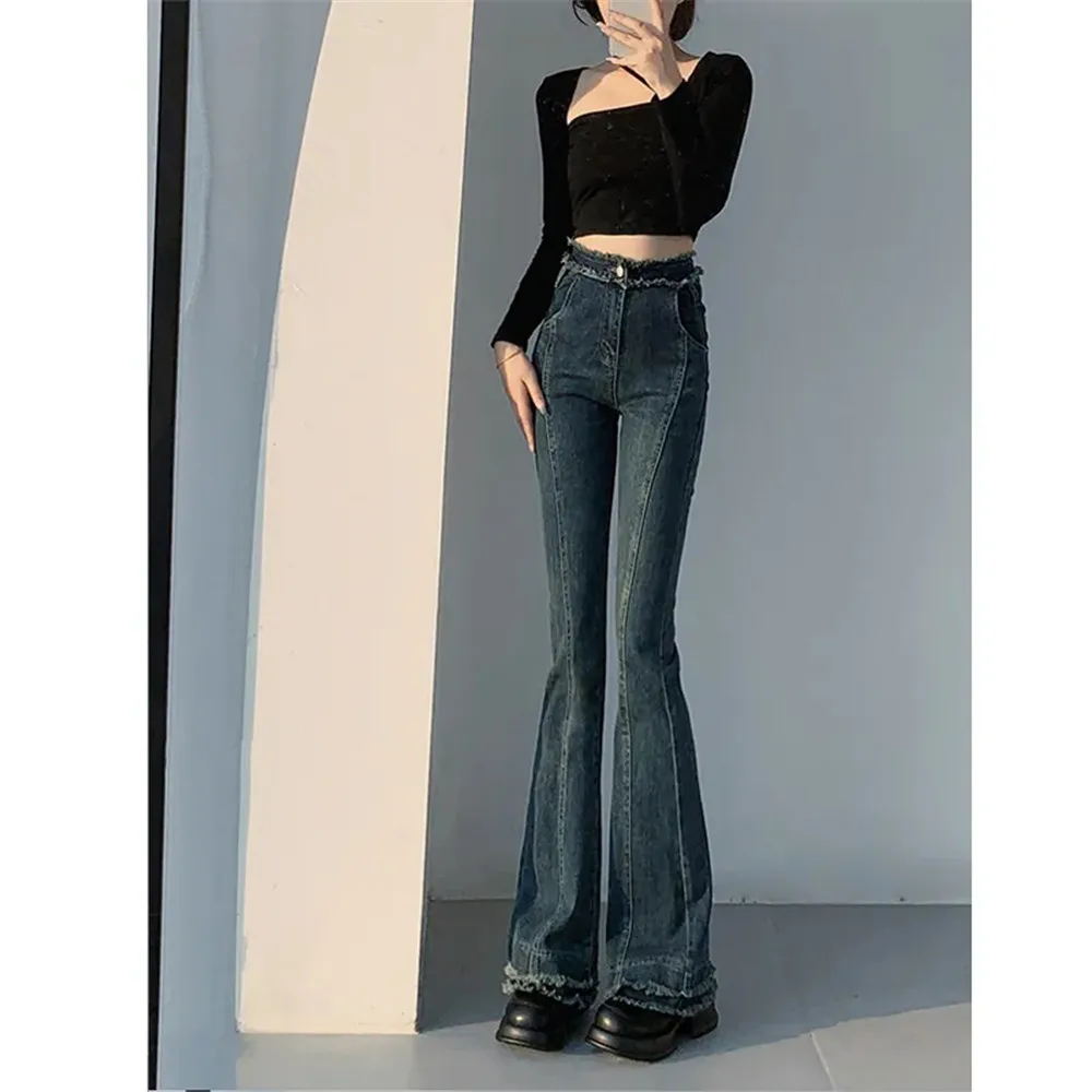 

Y2k Spring Female Denim Trousers New Fashion Spliced High Waist Flare Pants Vintage Tassels Ankle Full Length Jeans Black Blue