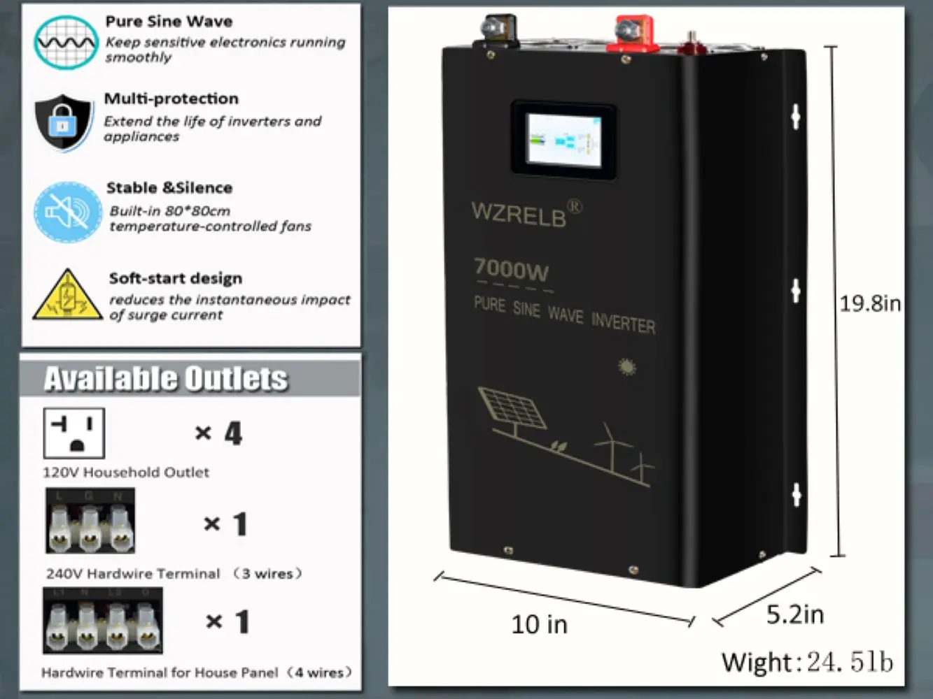 7000W Split-phase Pure Sine Wave Solar Inverter Power Supply 24V/36V/48V/72V DC to 110/220V,120/240V AC Converter Remote Control