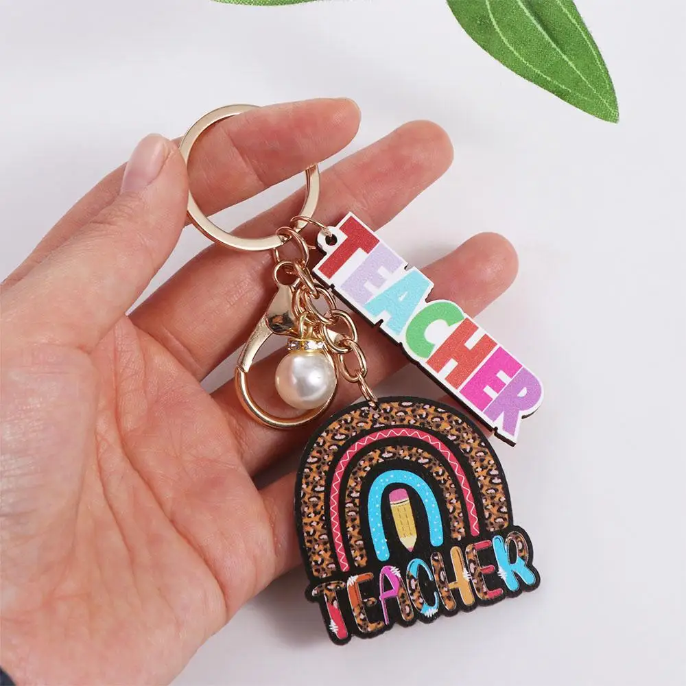 

Wooden Teacher's Day Keychain Geometric Shape English Letter Text Keychain Pendant Rainbow Trinket Pen Holder Key Ring