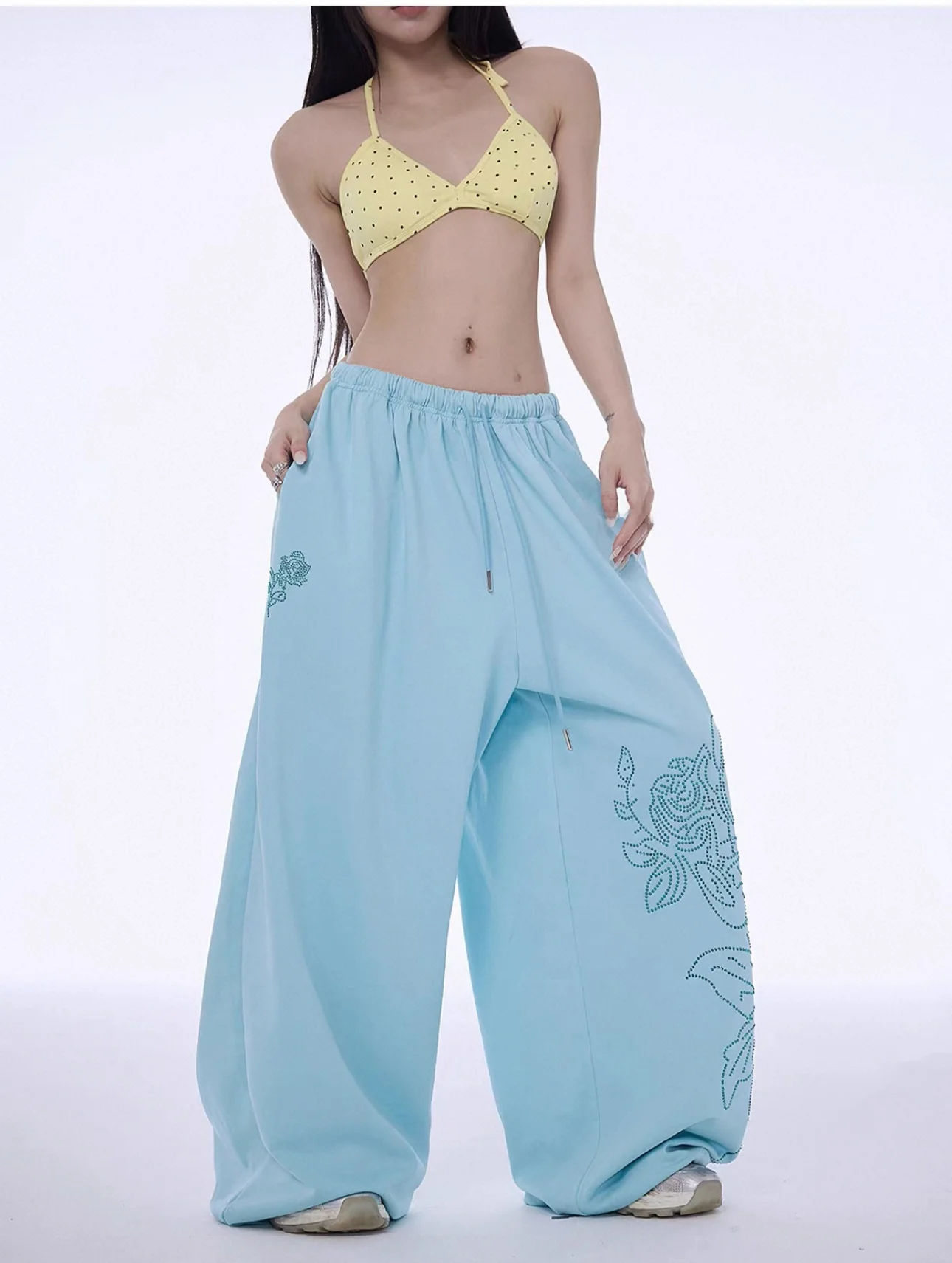 American Style Casual Loose Long Dance Pants Women's Jazz Wide Leg Pants Diamond Embellished Plant Floral Pattern Cotton Blend