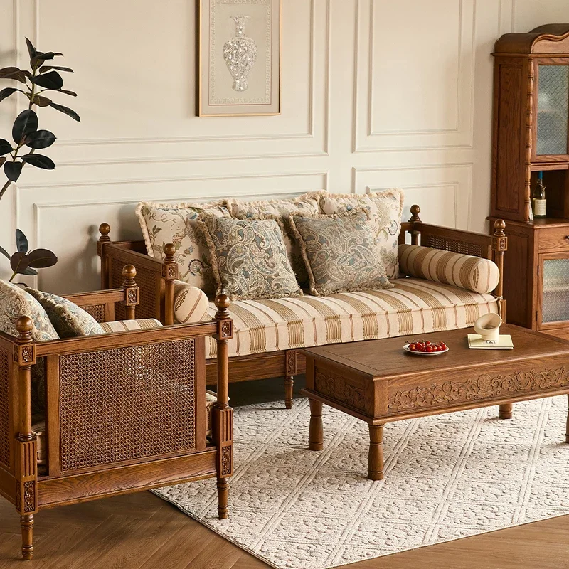#American country solid wood rattan surface single seat three person widened sofa living room furniture retro straight row combi