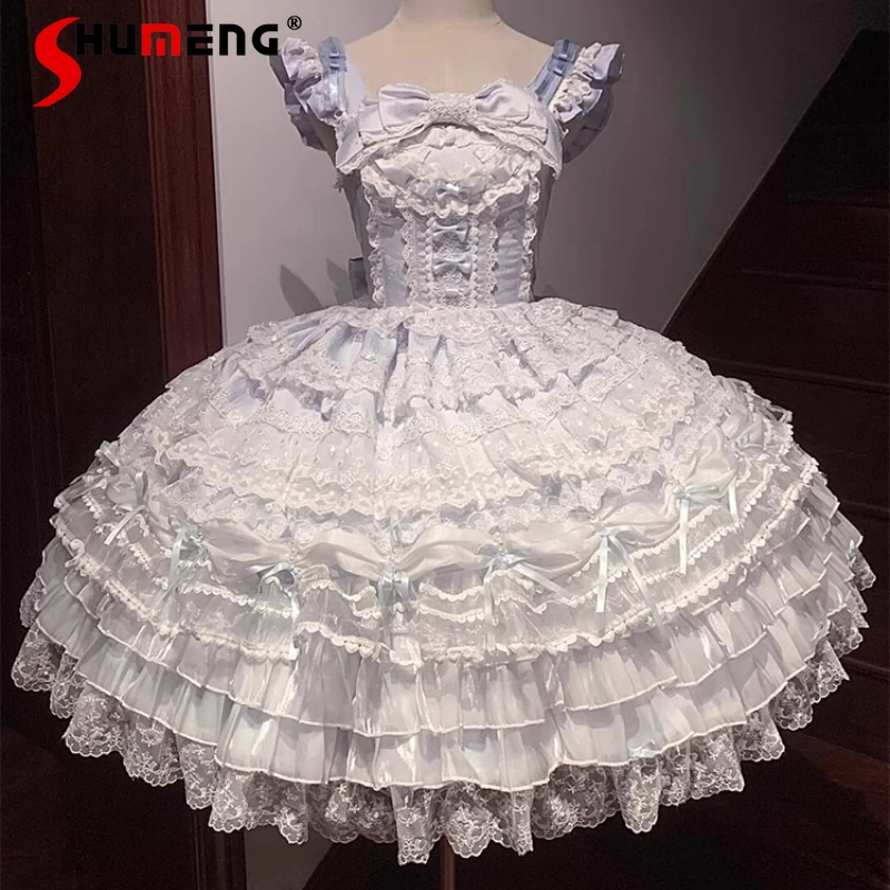 

Women's Clothing Blue Bow Lolita Vestidos Flower Wedding Birthday Rojita Love Song Suspender JSK Dress Kawaii Princess Dresses