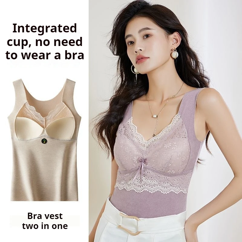 Thermal Underwear Vest Lace Velvet for Women with Chest Cushion Double-sided Brushed Bottom Vest Tops Women 2024 Winter Clothes