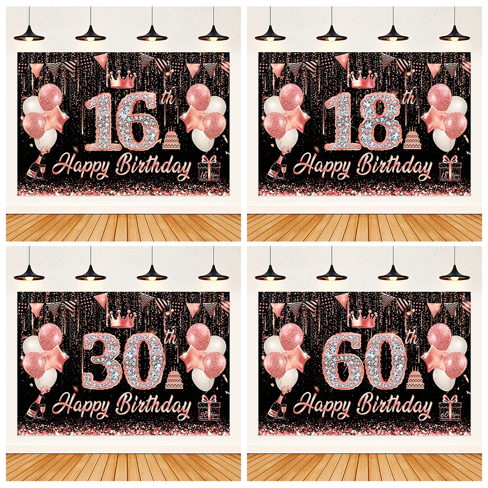 Rose Gold Diamond Balloon 16 18 40 80th Birthday Party Decoration Supplies Banner Background Photo Shoot Props Gift Photo Screen