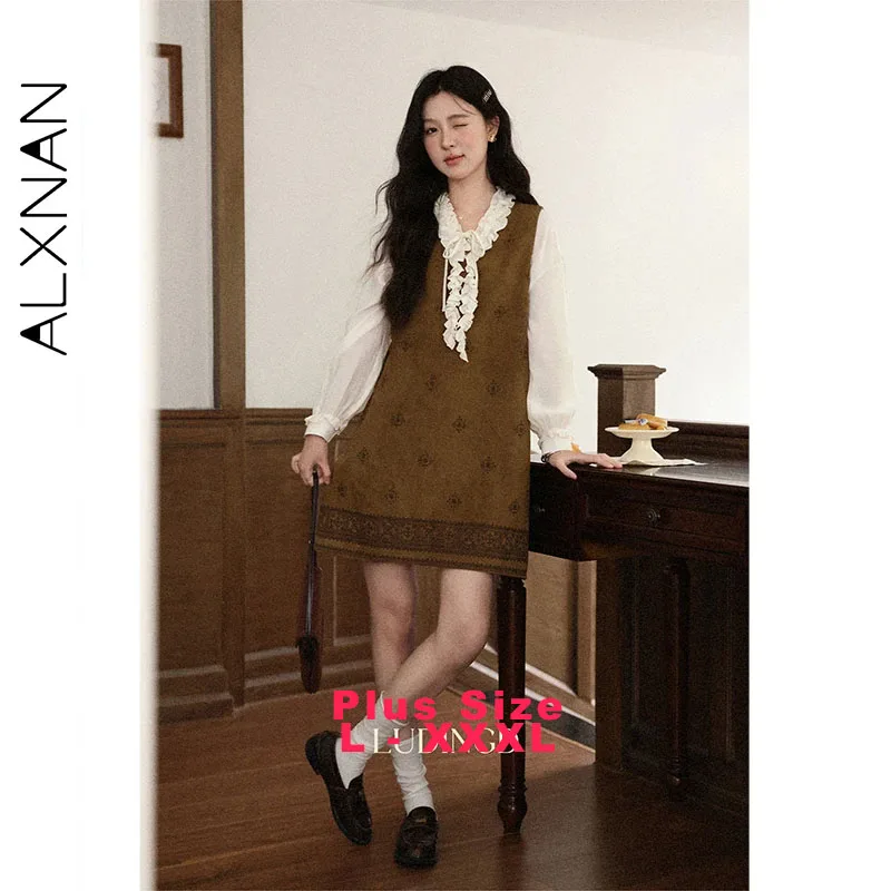 

ALXNAN коричневое платье без рукавов больших размеров, короткое мини-женское платье-жилет в богемном стиле, осеннее элегантное женское платье с v-образным вырезом D13019