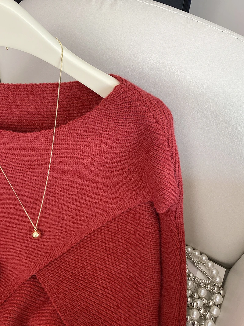 

2025 Early Autumn Irregular ort Knitted Sweater Women's Autumn oulder Wrap Design Sensation Long Sve Top