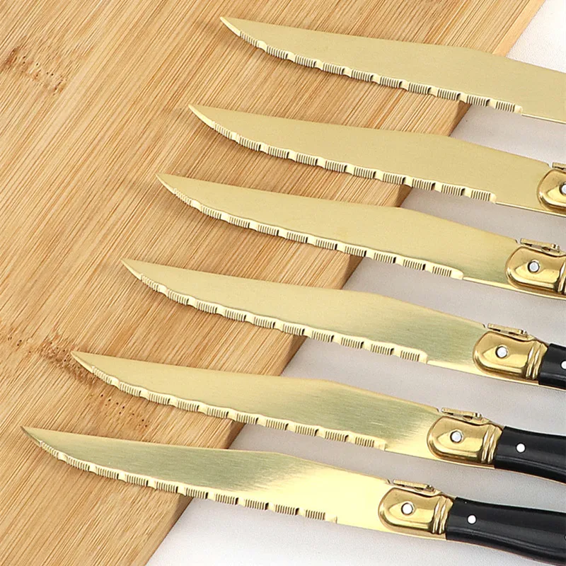 4-12Pcs 23CM 9inch Titanium Gold Plating Sharp Knives Laguiole Steak Knives Dinnerware Sets Black Golden Dinner Knife Xmas Gift