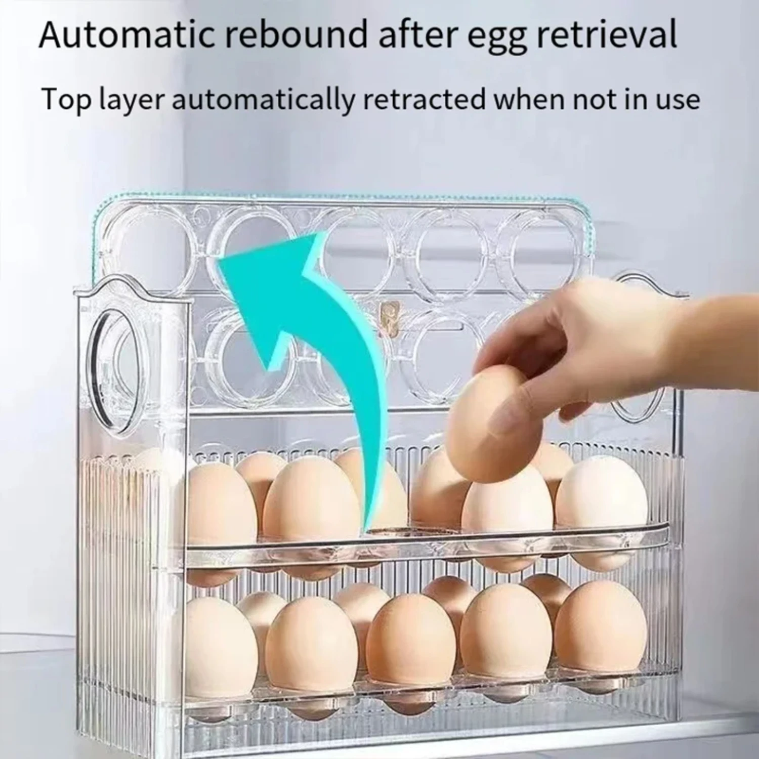 The egg  box adopts an automatic flipping design  and the refrigerator side door keeps it fresh organize the egg tray