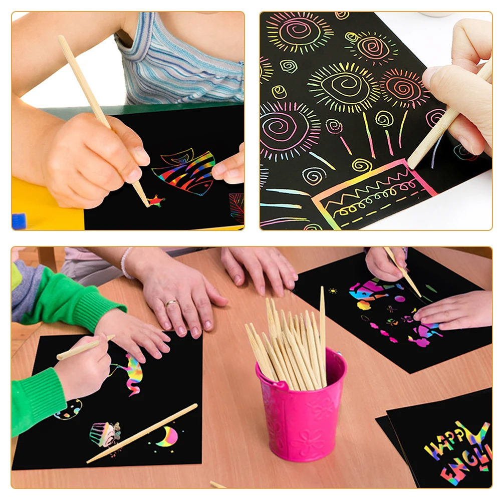 200Pcs Scratch Painting Wooden Sticks Smooth Safe Wood Art Pens for Kids DIY Creativity Fun Scratch Off Activity Tools