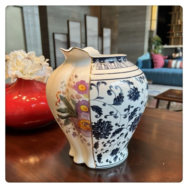 Stitching Bone China Vase Antique Collectible Exquisite Ceramic Flower Arrangement Living Room Decoration