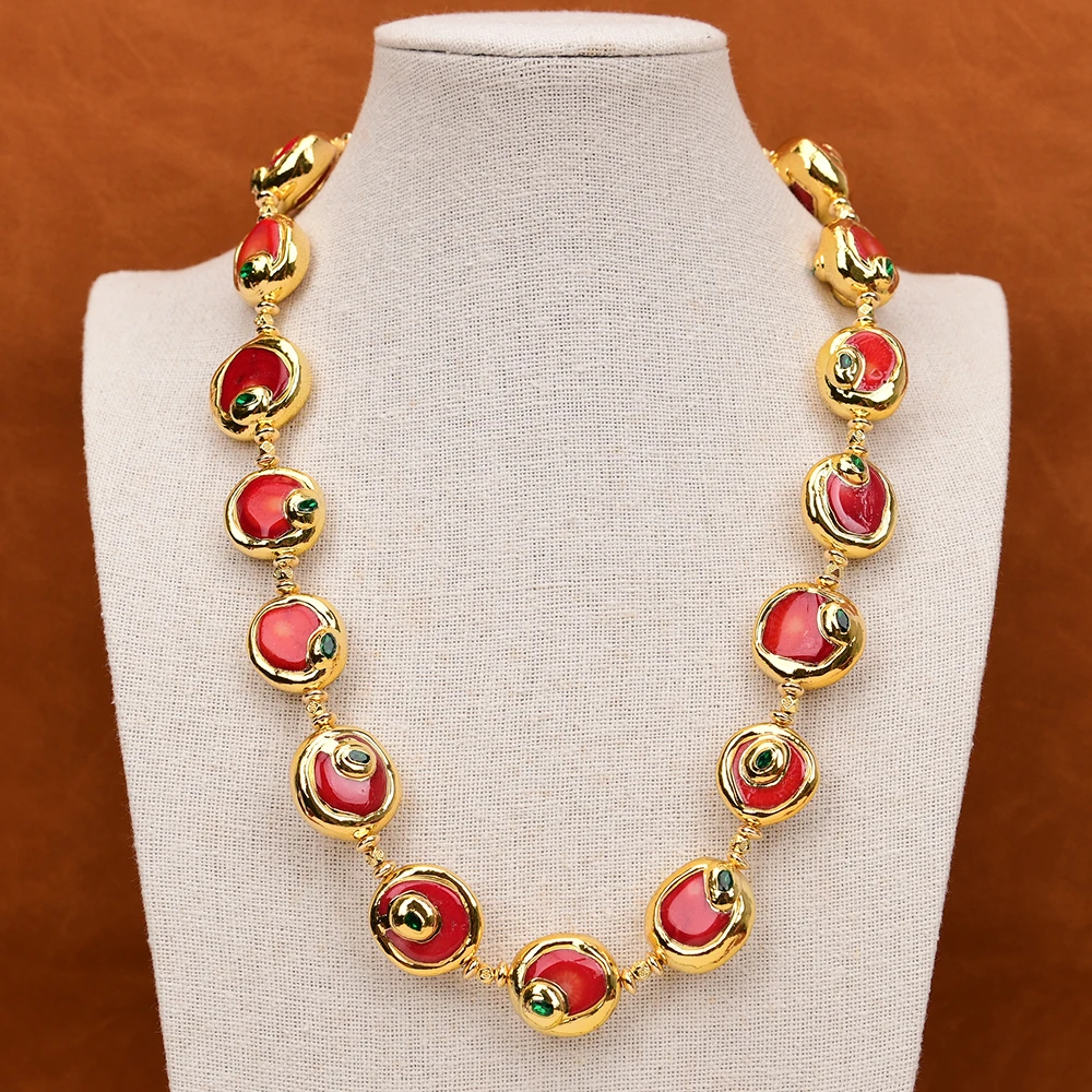 

G-G 22" Natural Gold Edge Plated Red Coral Green CZ Crystal Paved Dangle Necklace Handmade Classic Coral Jewelry Women Gifts