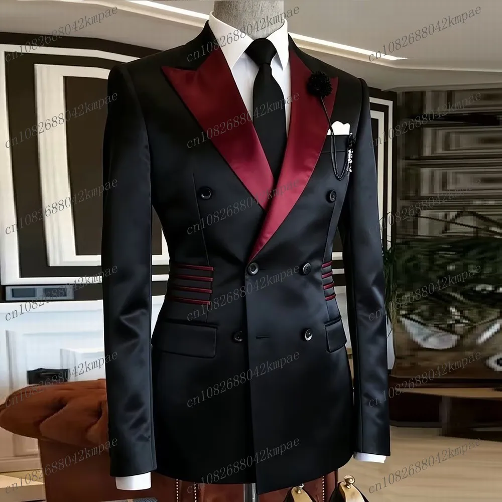 

Acetate Satin Black And Burgundy Men Blazer Business Formal Office Coat Casual Work Prom Single Jacket Wedding Party Male Suit