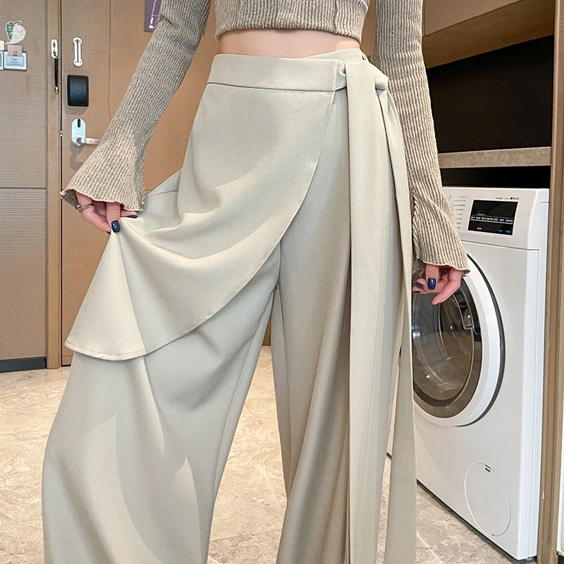 Taille haute élégant irrégulier jambe large pantalon pour les femmes 2025 nouveau automne taille haute droite décontracté ample pleine longueur pantalon