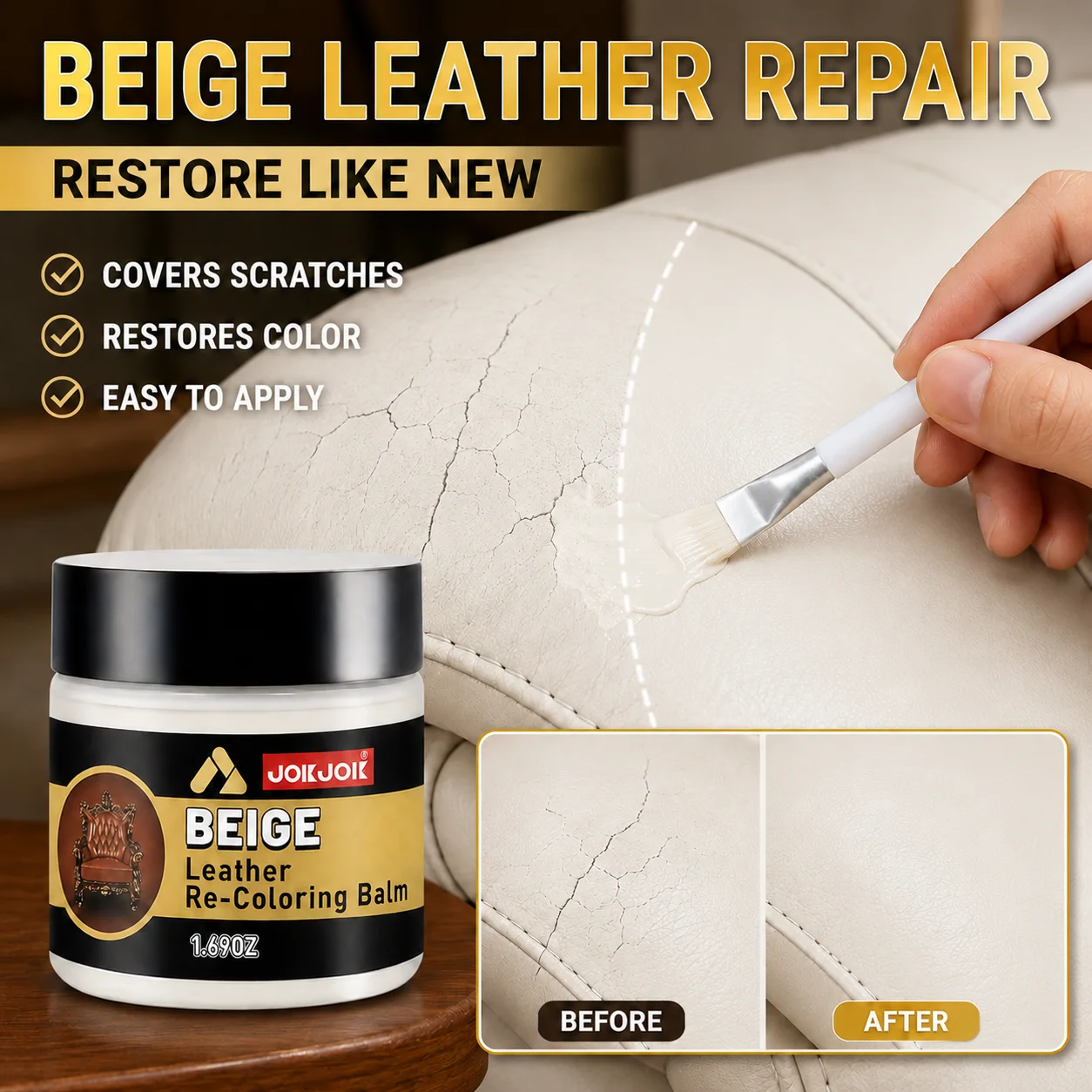JOKJOK PU Leather Repair Balm Beige Waterproof Wear-Resistant Paste For Sofa Car Seat Shoes Scratches Cracks Quick Restore