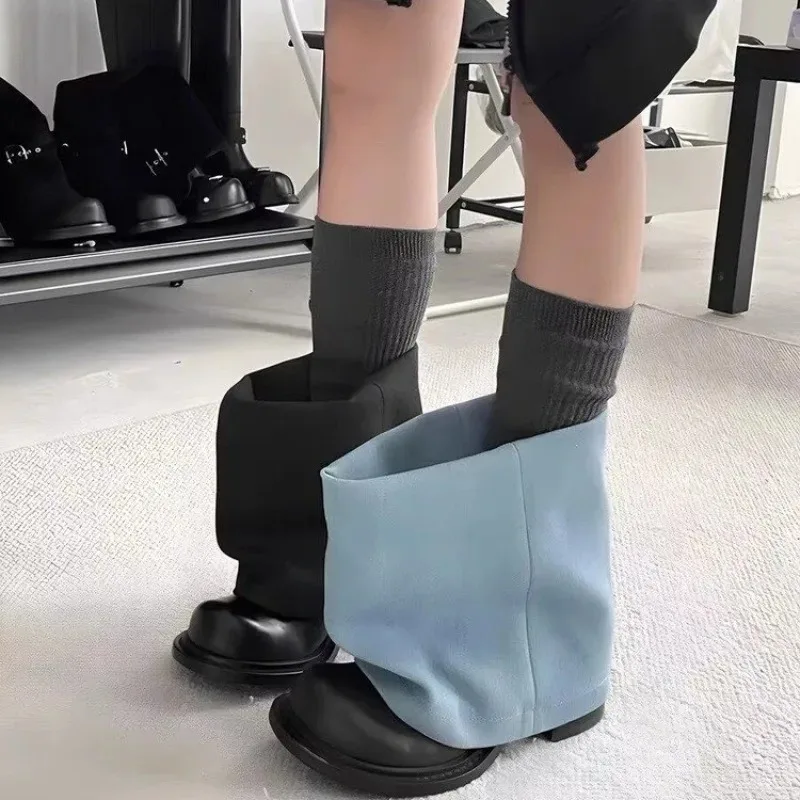 Fashion Mixed Color Denim Tube Women Boots Round Toe Chunky Heel Mid-Calf Ankle Boots Ladies Casual Big Head Short Boots
