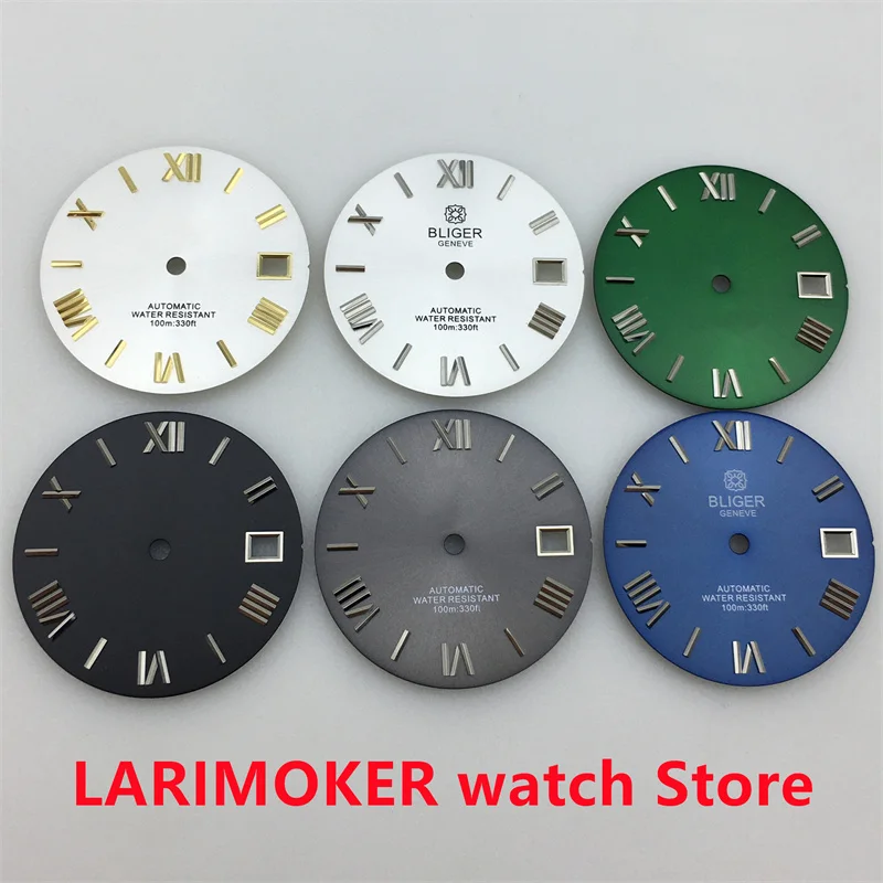 BLIGER/No logo 29mm Roman Marked Dial Black White Blue Grey Green suitable for NH35 NH36 movement