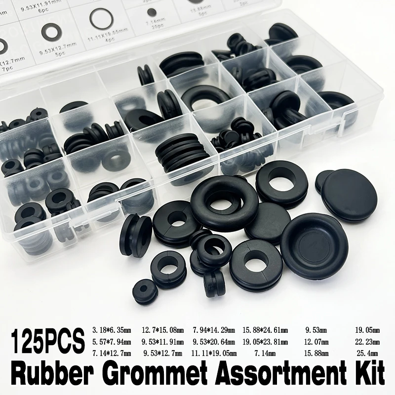

125 шт. черных резиновых односторонних защитных уплотнителей для проводов, кабелей и инструментов, резиновые втулки для защиты от вытеснения проводов