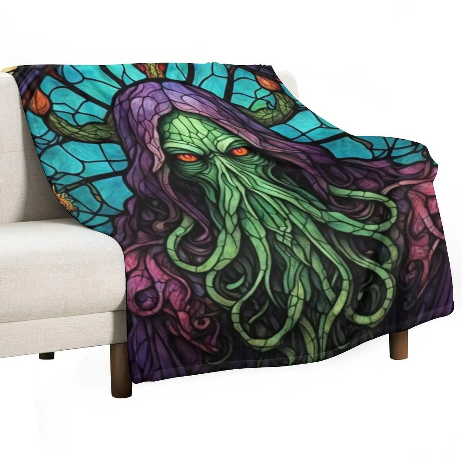 Cthulhu Stained Glass, Unholy, Lovecraftian, Tentacles, Horror Throw Blanket Loose Soft Plaid Blankets