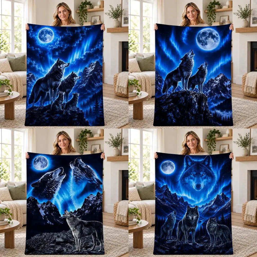 Art Fantasy Blue Moon Wolf Throw Soft Warm Flannel Throw Blanket for Sofa Bed Office Home Holiday Gift All Season
