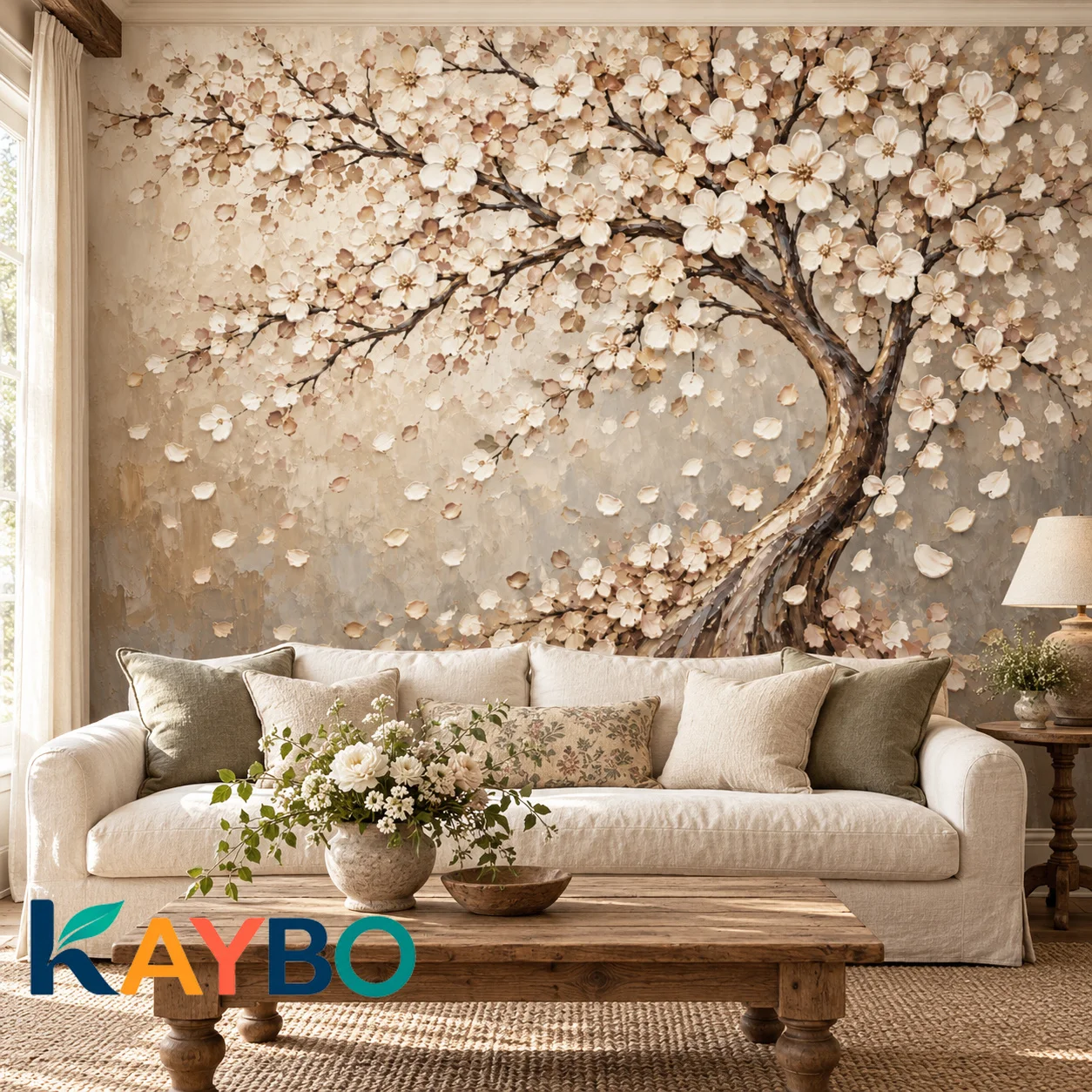 Cherry Blossom Wallpaper Mural Cream Beige Floral Tree Oil Painting Vintage Wall Decor for Living Room Bedroom Non Self Adhesive