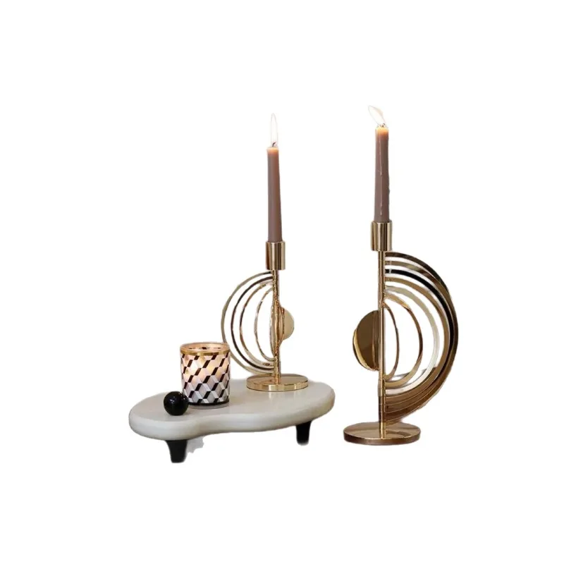 Golden candlestick retro wind semi-circular rotating stainless steel craft light luxury high-grade metal ornament