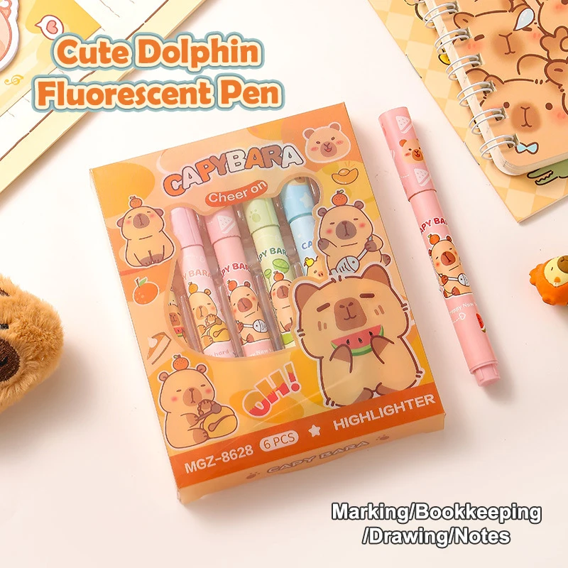 6 Stuks Cartoon Mode Capybara Markeerstift Set Markeerpen Leuke Hand Account Pen Student Briefpapier Kantoorbenodigdheden Geschenken