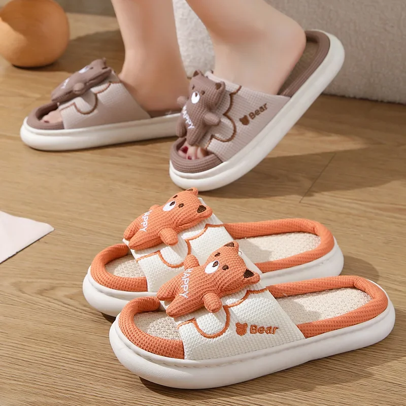 Slippers Home Indoor Cotton and Linen Slippers Non-slip 2024 New Four Seasons Unisex Cute Cartoon Bear Linen