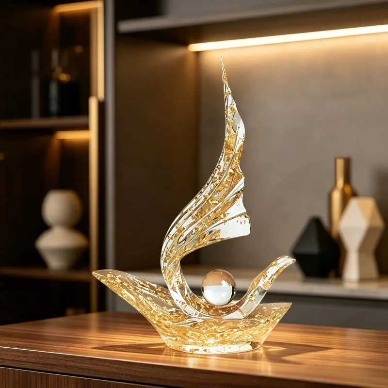 Resin Gold Foil Sailboat Figurine with Crystal Ball Clear Transparent Sculpture Desktop Ornament Home Decor Housewarming Gift