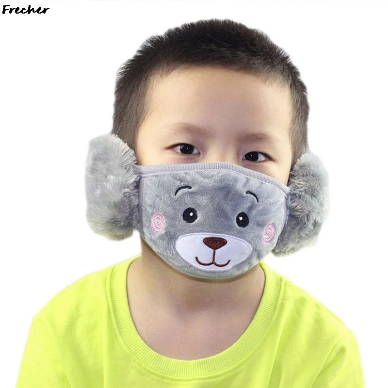 Fluffy Fur Earmuffs Lovely Bear Children Mouth Cover Cold Protection Warm Earflaps Soft Plush Headphones Face Masks Winter New