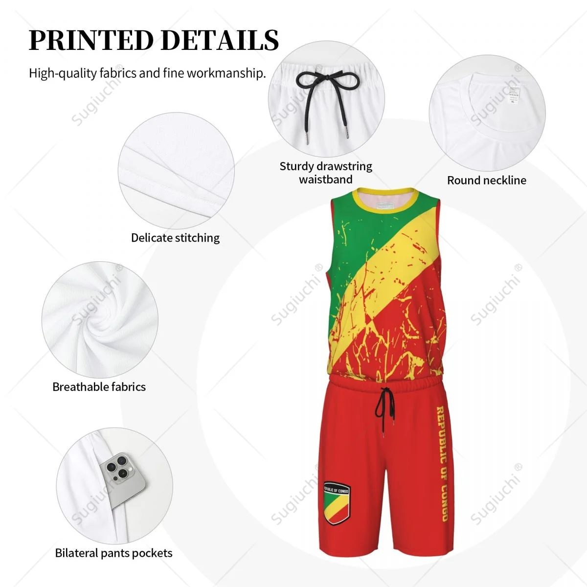 ชุด JERSEY Basket ลายธงชาติ congo ของผู้ชายเสื้อและกางเกงแขนกุดชื่อ Nunber Exclusive