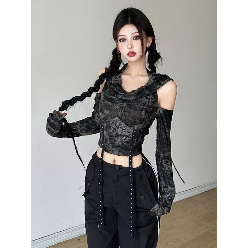 Women T Shirt Pure Desire  Y2K Dragging Cool Hottie Assassin's Wind Hooded Shoulder Digging Spring Versatile Self Cultivation