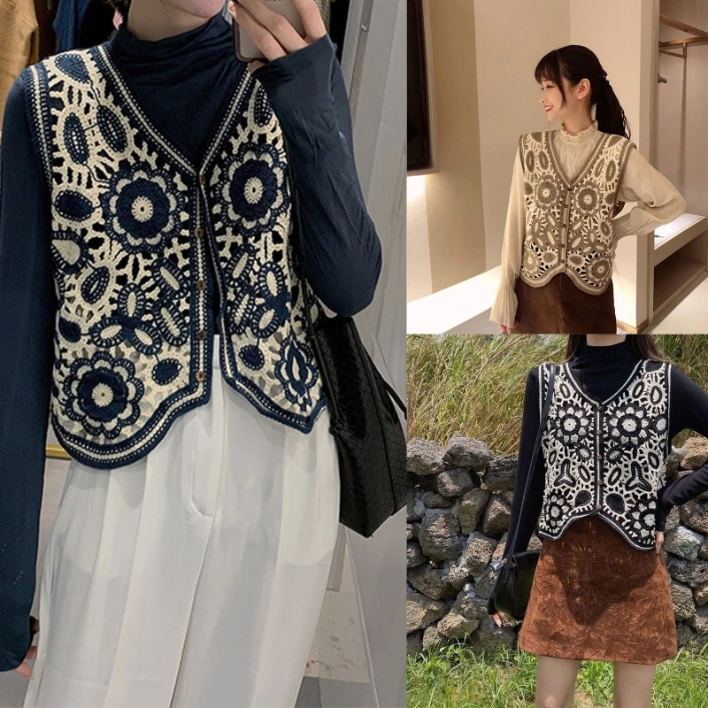 Women Spring Crochet Sleeveless Sweater Vest Waistcoat V-Neck Button Down Hollow Out Knit Ethnic Floral Leaves Cropped M6CD