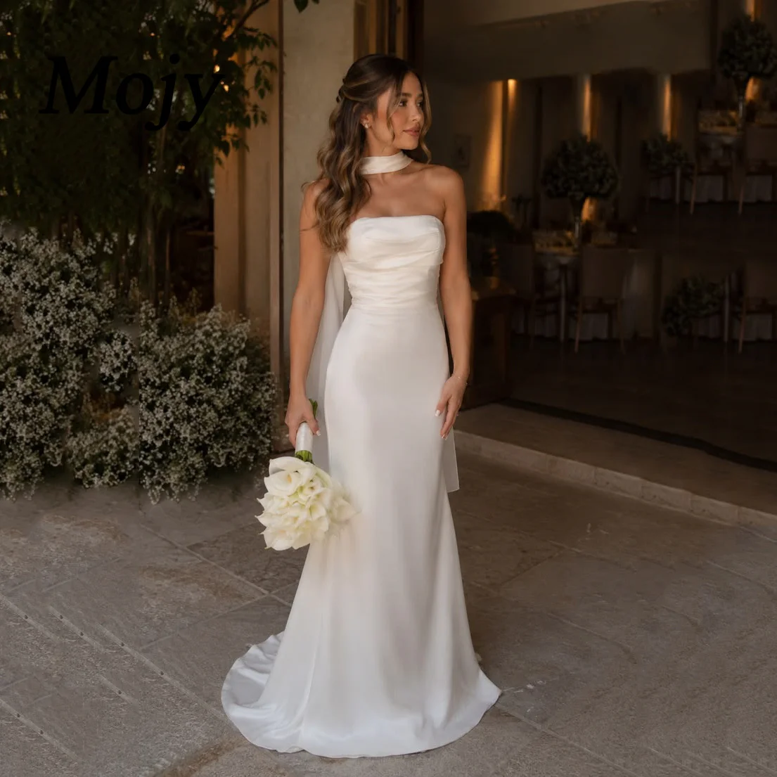Mojy 2027 Simple Pleat Strapless Mermaid Wedding Dresses Shawl Sleeveless Bridal Gown Vestidos De Novia Customized