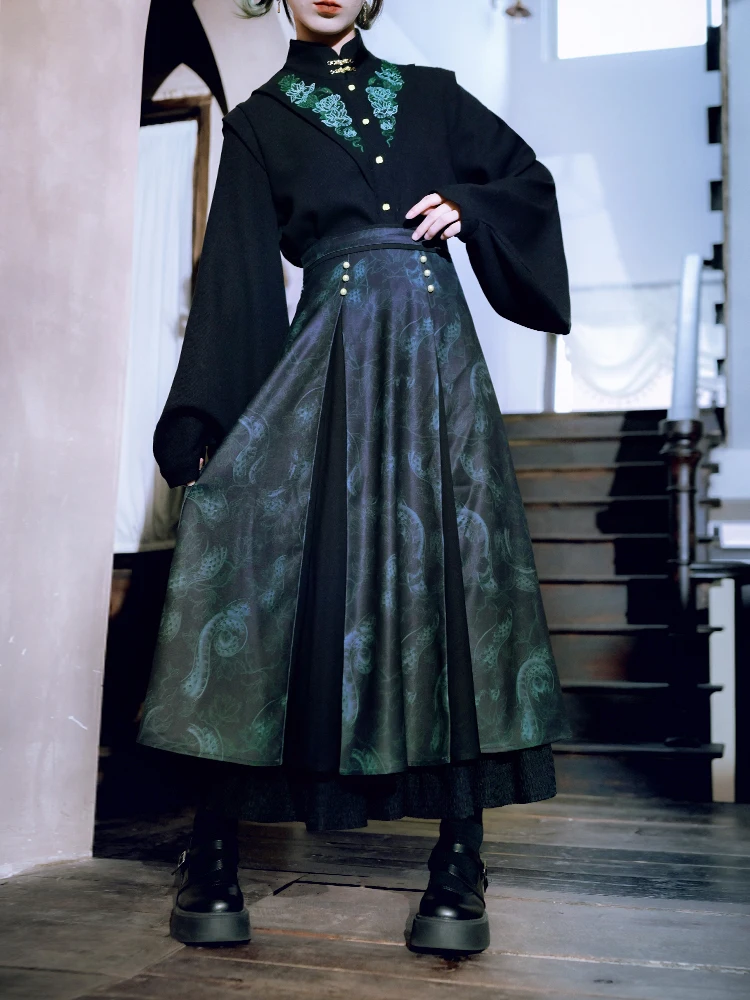 New Chinese Style Autumn And Winter National Style Han Elements Skirt Women Black Green Contrasting Color Cos Cosplay