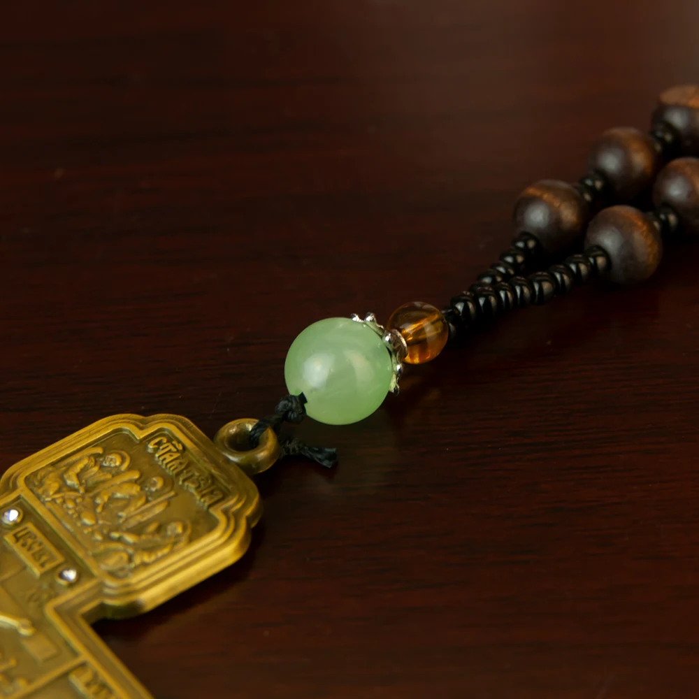 Orthodox Necklace With Wooden bead chain Crucifix Gold  Wooden Rosary Beaded Chain Religious Jesus Prayer Jewelry