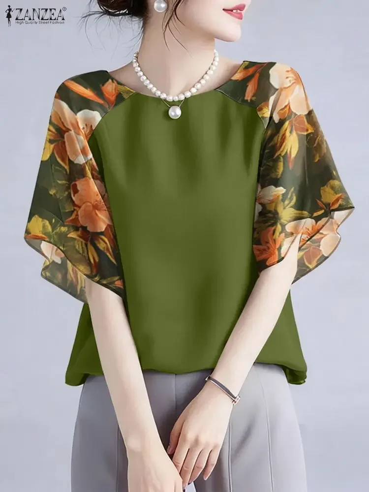 

2025 ZANZEA Bohemian Women Floral Print Blouse Elegant Chiffon Shirts Summer Short Flare Sleeve Casual Tunic Tops Ruffled Blusas