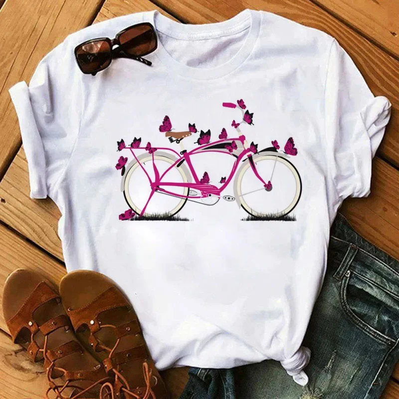 Wiosna Lato Panie Kwiatowy Wzór Rowerowy Moda Kreskówka Nadruk Biała Litera T-shirt Kobieta Odzież Oversize T Shirt Tops Tee