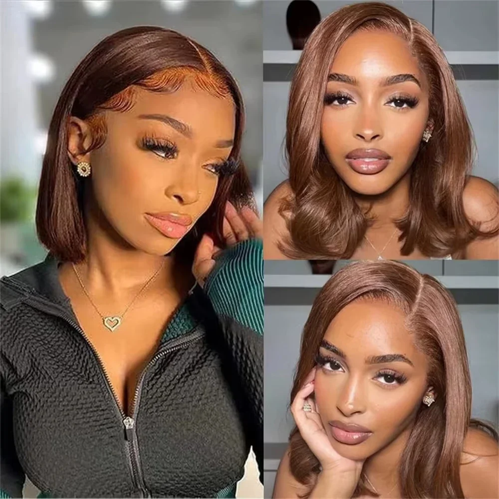 # Perruque Bob Lisse Brun Chocolat 220% Densité 13x4 Transparente HD Lace Frontale Pré-Pluckée pour Femme Cheveux Humains Remy Véritables