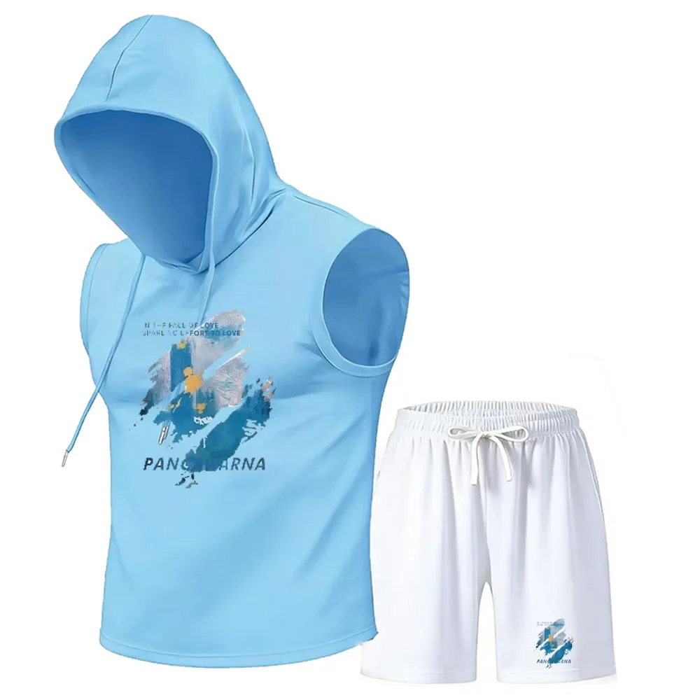 2026 Men's hooded top+shorts summer new loose round neck trendy set, casual and comfortable, youthful and fashionable print view 4